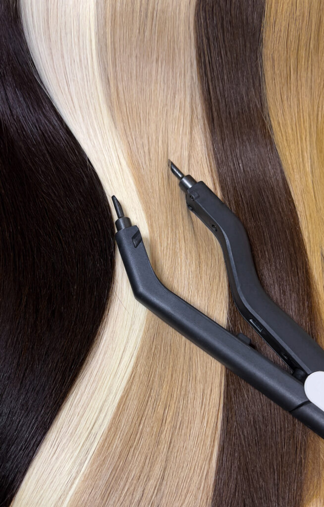 Haartressen in verschiedenen Blond- und Brauntönen mit zwei schwarzen Zangen.