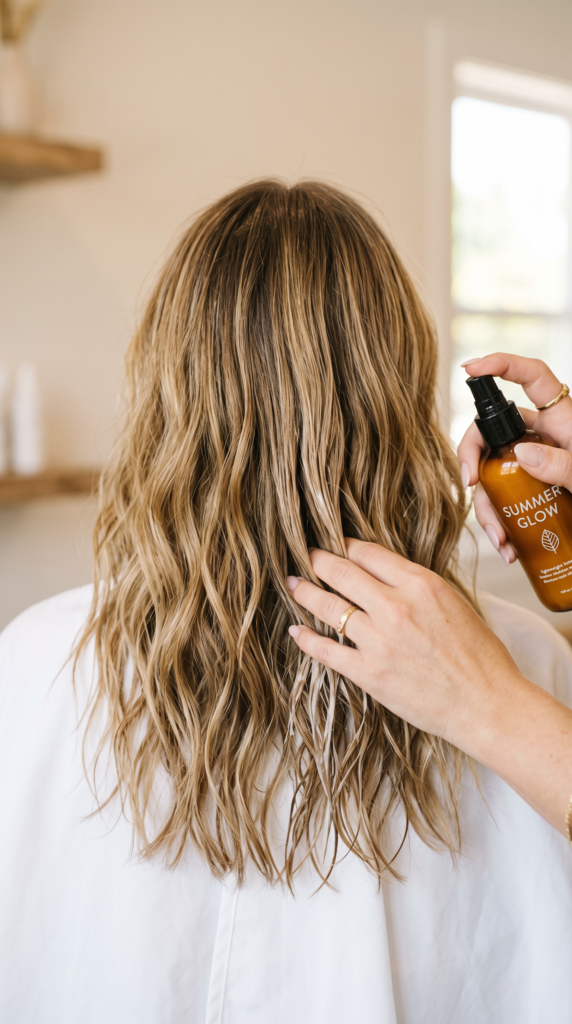 Zentriertes mittellanges koloriertes Haar, Friseurhand trägt Leave-in-Sommerprodukt auf, Gesichter nicht sichtbar.