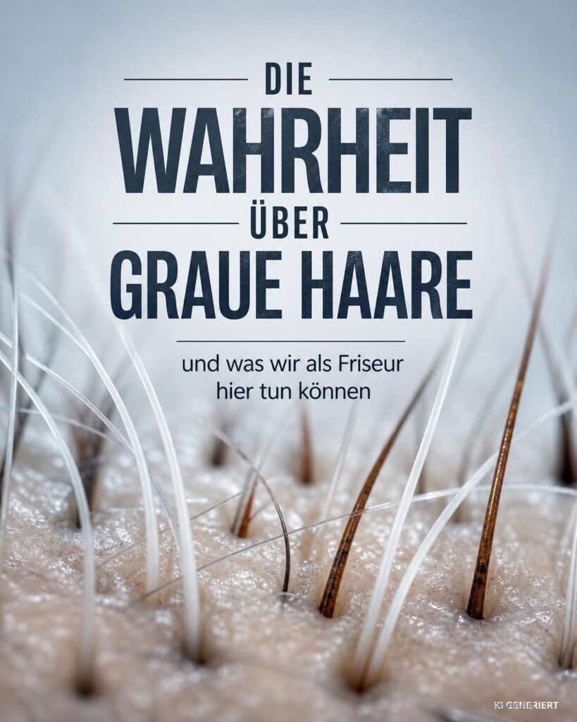 100× Nahaufnahme Kopfhaut mit Haarwurzeln, ca. 80% weiße und 20% braune Haare, zentrale Headline und Subline.