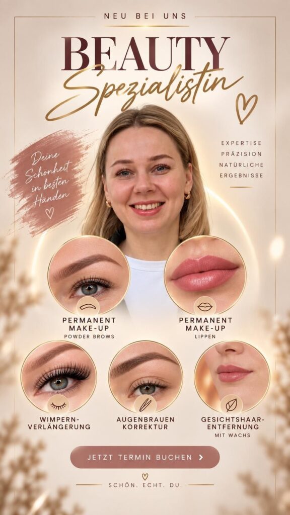 Porträt einer lächelnden Frau, Schriftzug 'Beauty Spezialistin' und Nahaufnahmen von Augenbrauen, Lippen und Wimpern.