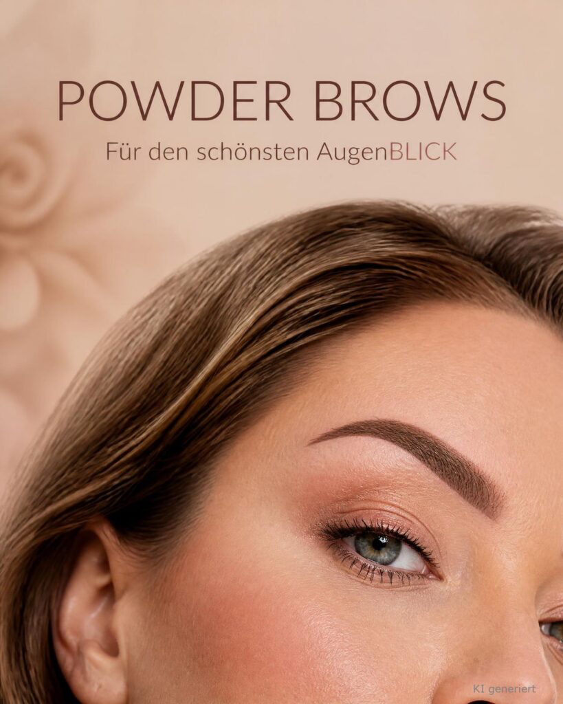Extreme Nahaufnahme eines Gesichts (ca. 35), Fokus auf Powder Brows; Text „POWDER BROWS“ und „Für den schönsten AugenBLICK“