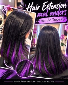 Dunkles schulterlanges Haar mit lila Tape-Extensions, Werbetext 'Hair Extension mal anders' und Webadresse.