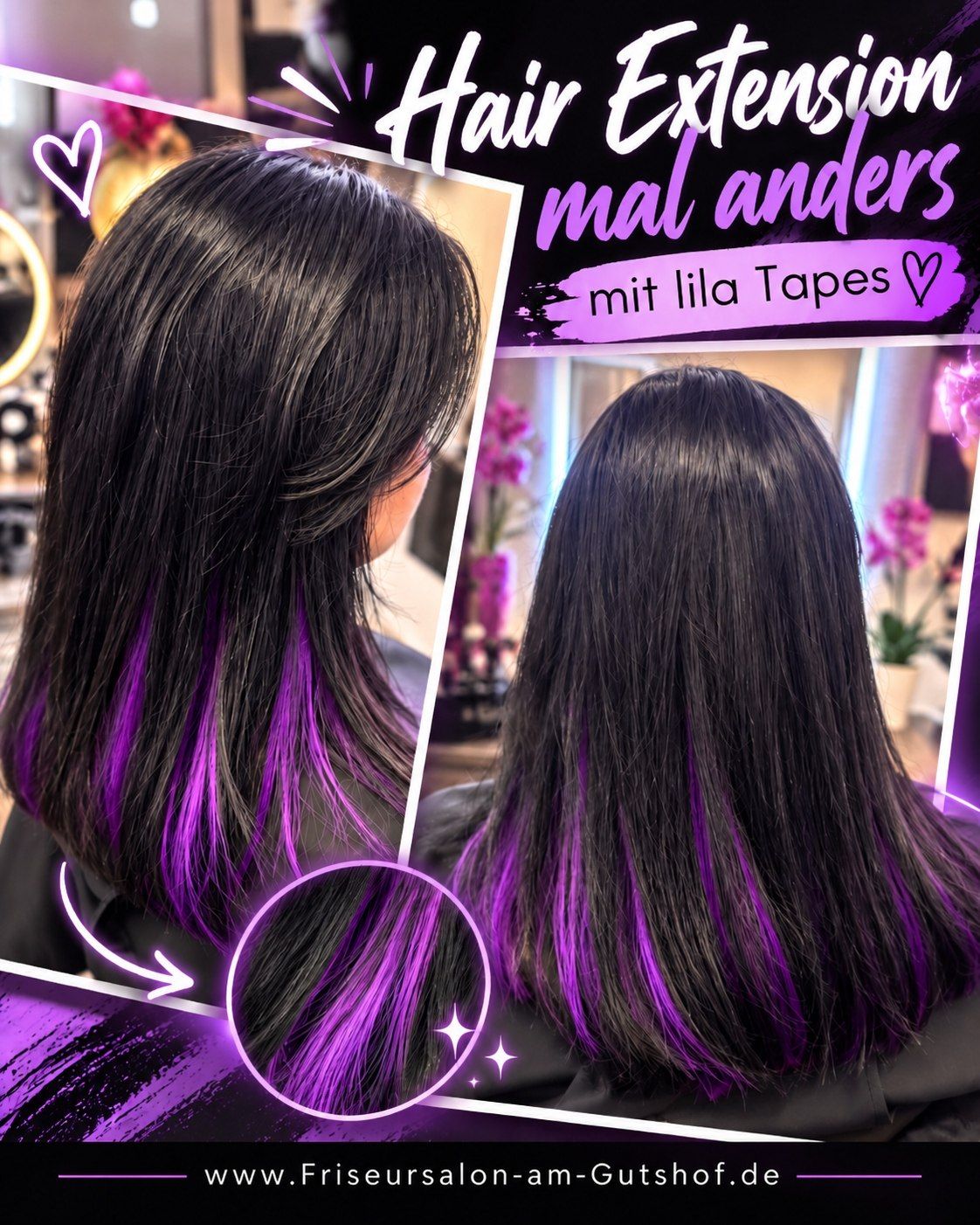 Dunkles schulterlanges Haar mit lila Tape-Extensions, Werbetext 'Hair Extension mal anders' und Webadresse.