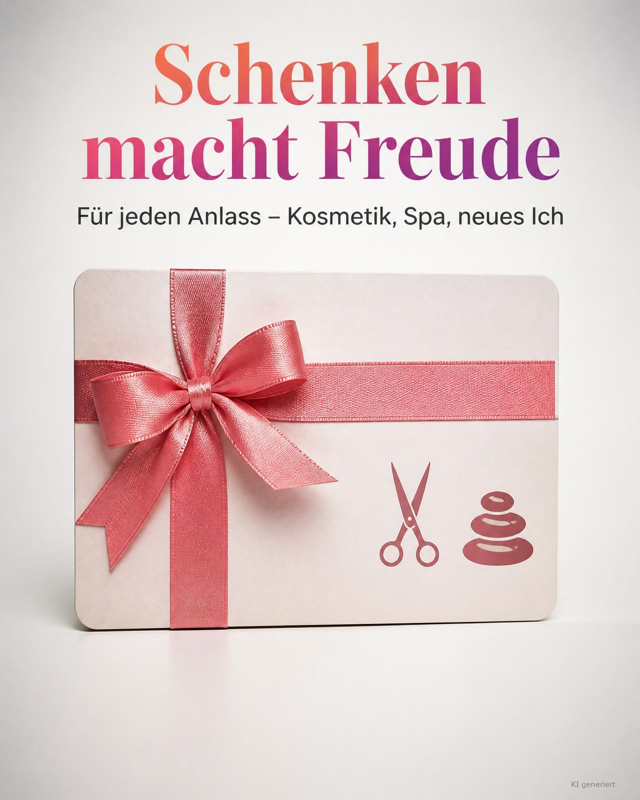 Gutscheinkarte mit Schleife, Schere- und Spa‑Piktogramm, Headline 'Schenken macht Freude'.