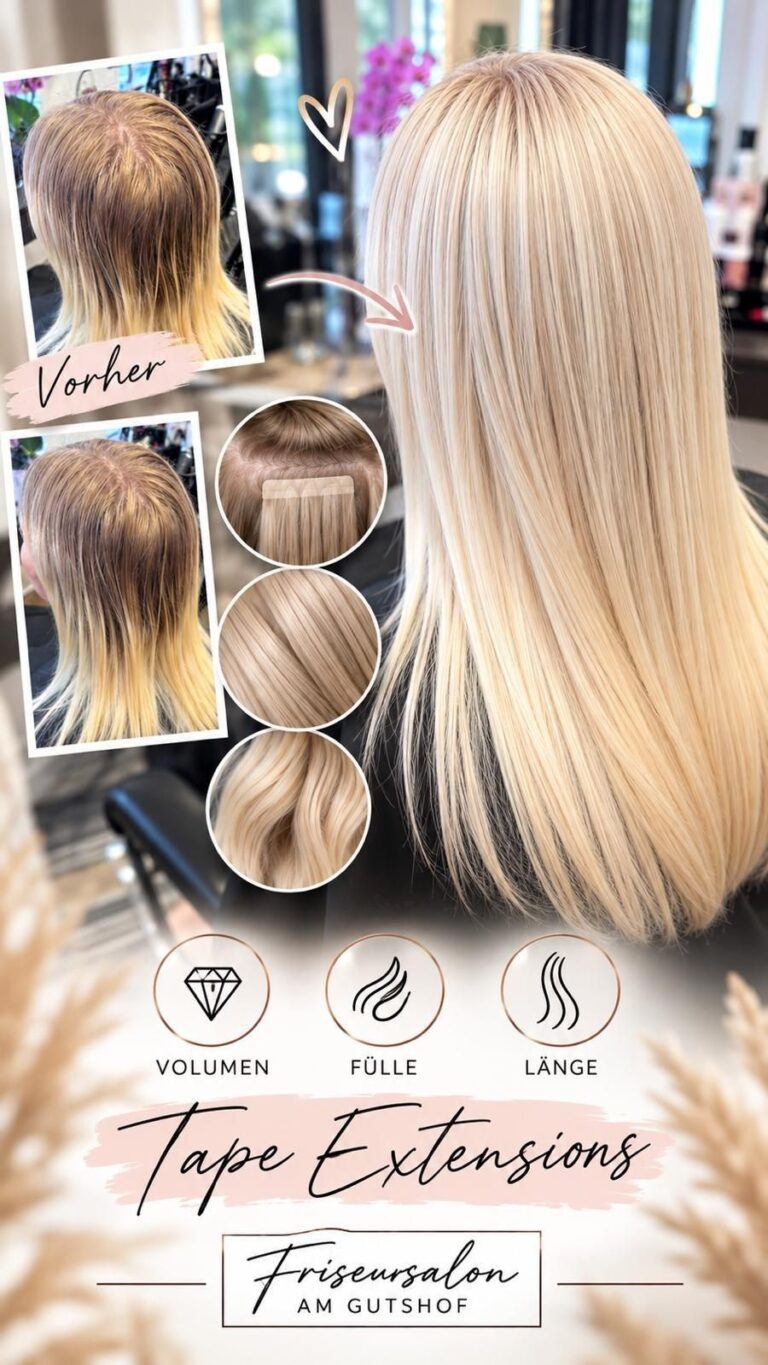 Vorher‑Nachher-Fotos und Nahaufnahmen blonder Tape‑Extensions; Texte: Vorher, VOLUMEN, FÜLLE, LÄNGE, Tape Extensions, Friseursalon AM GUTSHOF
