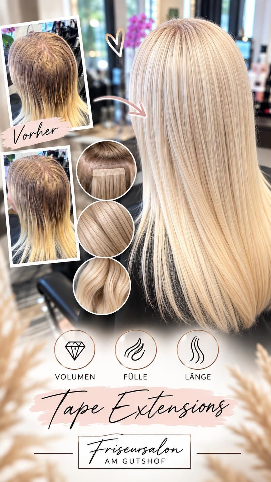 Vorher‑Nachher-Fotos und Nahaufnahmen blonder Tape‑Extensions; Texte: Vorher, VOLUMEN, FÜLLE, LÄNGE, Tape Extensions, Friseursalon AM GUTSHOF